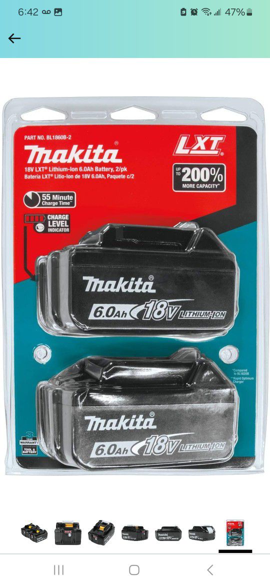 MAKITA BL 1860-2 LXT ION LITHIUM 18V 6.0AH BATTERY (2 PIECES)