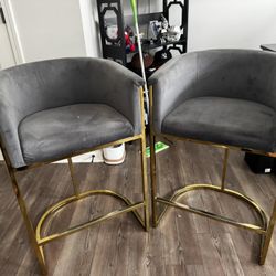 Set of 2 Grey Velvet and Gold Bar Stools