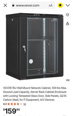 VEVOR 15U Wall Mount Network Cabinet, 500 lbs Max. Ground Load Capacity, Server Rack Cabinet Enclosure with Locking Tempered Glass Door, Side Panels, 