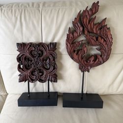 Two decorative pieces in a mahogany-style finish. A stylish and elegant accent that will complement any interior