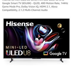 Hisense 65-Inch Class U8 Series Mini-LED ULED 4K UHD Google Smart TV (65U8K) - QLED, 480 Motion Rate, 144Hz Game Mode Pro, Dolby Vision IQ, HDMI 2.1, 