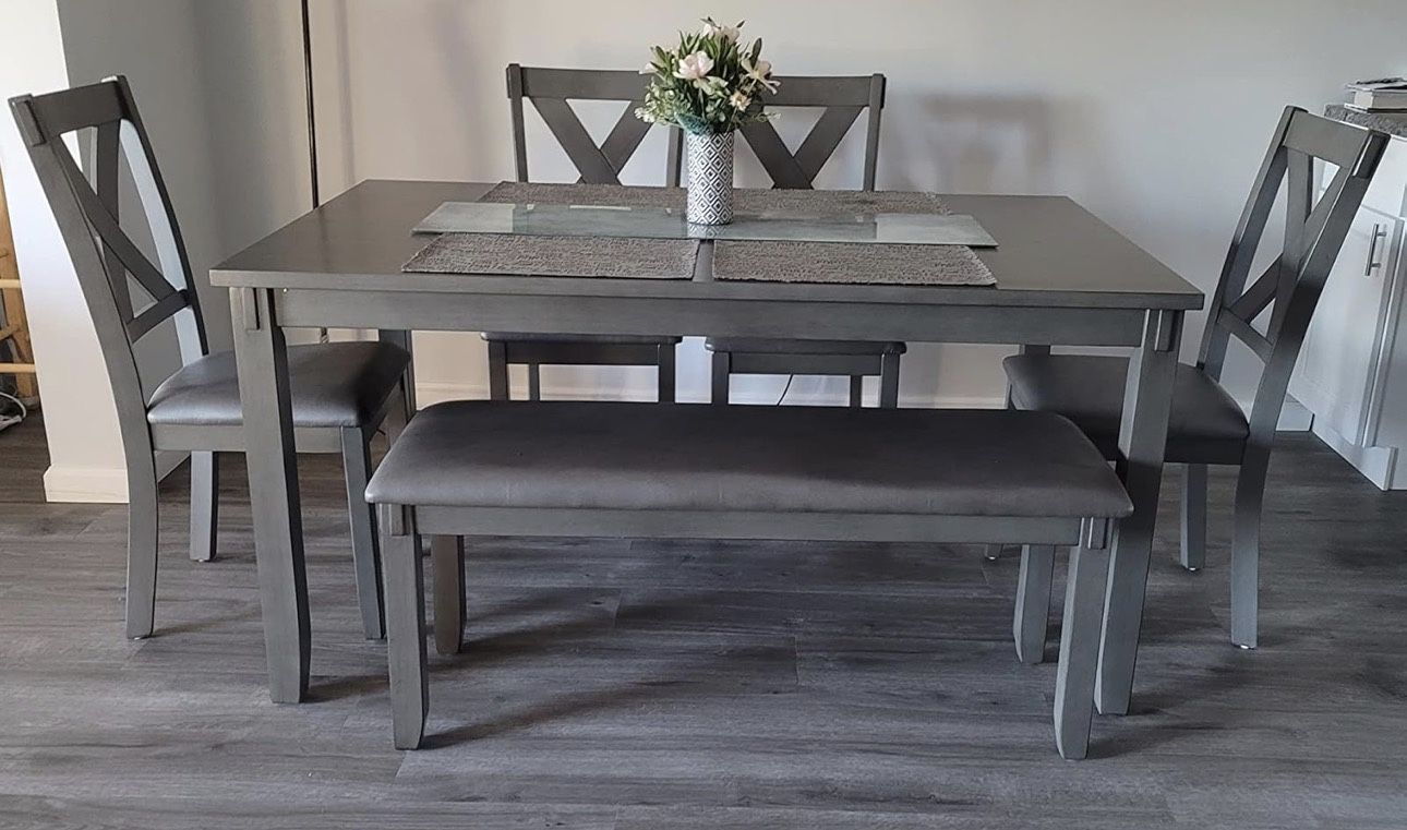 Homelegance 6-Piece Dining Table Set – Modern Grey, Includes Bench & 4 Chairs! 