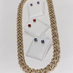 22k Stainless Steel Miami Cuban Choker With 3 Earrings 