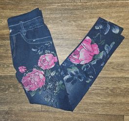 Pink roses floral design rhinestones leggings jeggings size XL