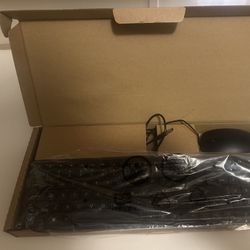 HP Keyboard and wired mouse and lamp and luggage 