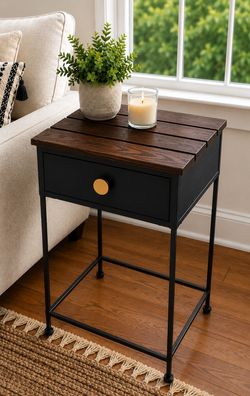 Modern Black & Walnut Accent Table with Drawer