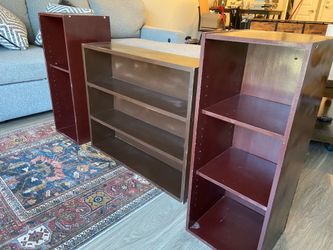 Brown wooden IKEA bookshelves