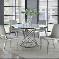 5PC TANLE ROUND GLASS TOP DINNING WHITE AND CHROME AND GRAY CHAIRS (CO110401) $1199  