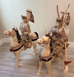 Vintage Chinese Bone Carved Warriors Couple On Horses 3 Feet Tall Approximately