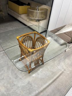 Square beveled glass table with authentic made  Indonisia  wicker bottom base  45 “ x 45” , 29 1/2 high  $75