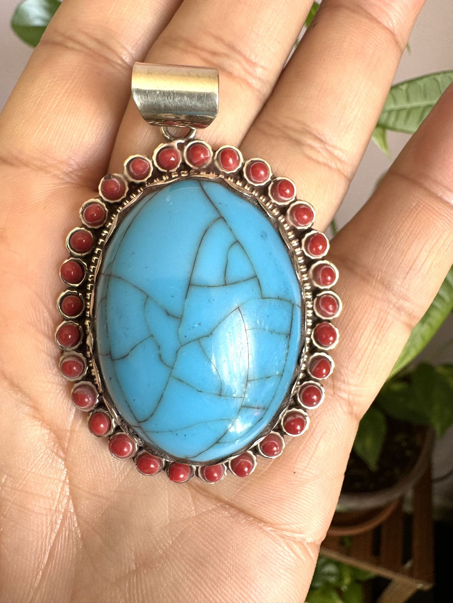 Vintage style hand carved Tibetan silver pendant with coral and turquoise 