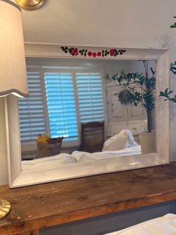 White Wood Framed Mirror with Floral Detail
