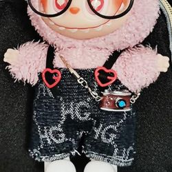 Labubu Keychain Denim Overalls Outfit & Accessory Set: Glasses, Shoes, Camera - Brand New