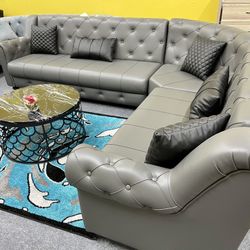 Grey Leather Living Room Sectional - Delivery And Financing Available 