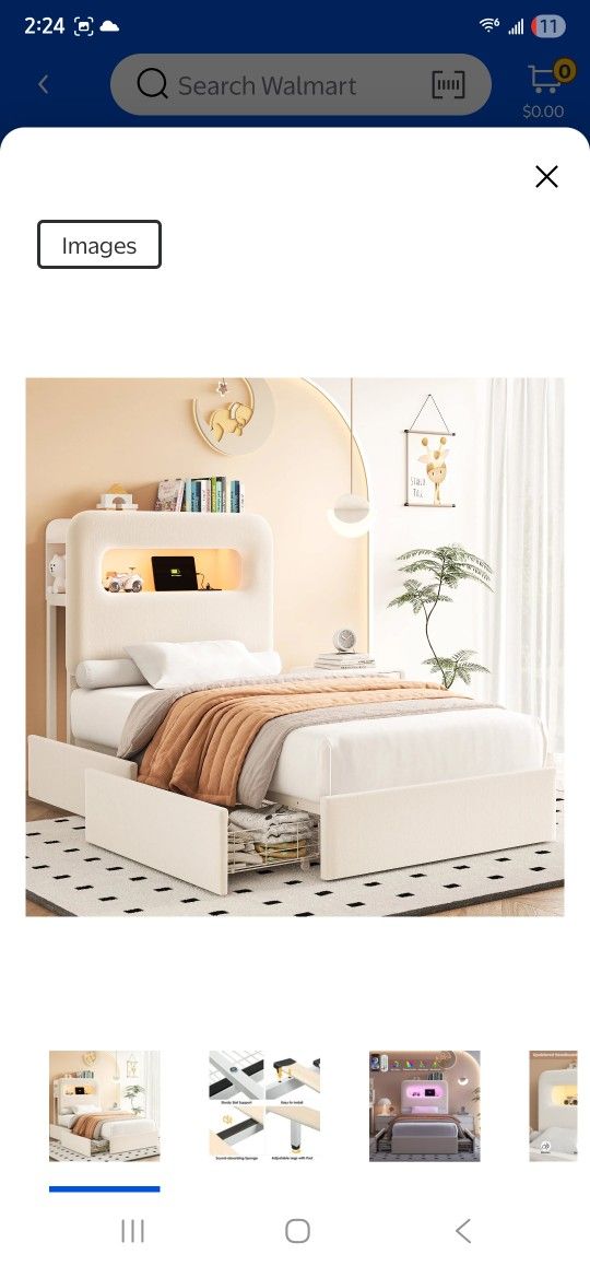 Homfa Twin Size LED Bed Frame with Storage Headboard & 2 Drawers, Velvet Upholstered Platform Bed Frame with USB Ports & Outlets, Off-White