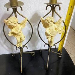 CANDELABROS ANTIGUO DE BRONCE Y ANGELITO DE RESINA