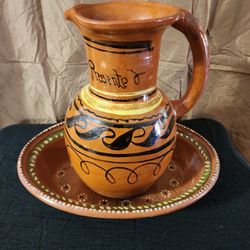 Handmade Mexican Clay Pitcher And Bowl