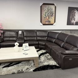 Brown Leather Sofa Sectional 3x Power Recliners 