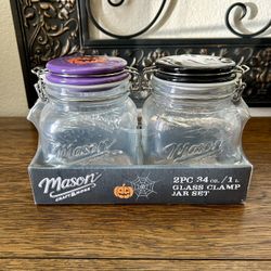 Mason Halloween Jack-o’-lantern/Ghost 2PC 34 oz. / 1L Glass Clamp Jar Set