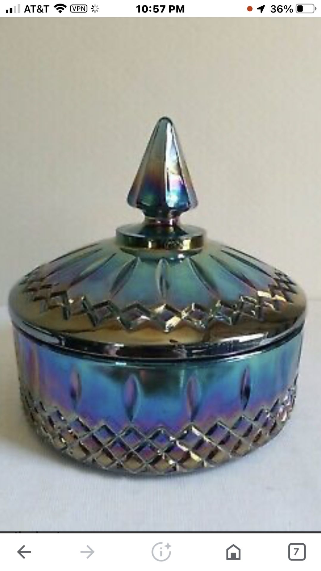 Vintage Iridescent Blue Carnival Glass Princess Diamond Point Covered Candy Dish For Sale In 9530