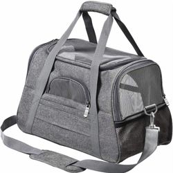 New Travel Carrier for Cat, Dog and Small Animals with 5-Sided Breathable Mesh Windows Safety, Under-seat Collapsible Plush Cushion, Color Gray