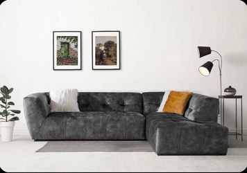 Mid-Century Velvet Tufted Low Back Sofa Set L-Shape 2-Piece Living Room Couch, 113" W Right Hand Facing Sectional, Grey