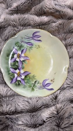 Vintage Hand-Painted Porcelain Plate with Purple Flowers