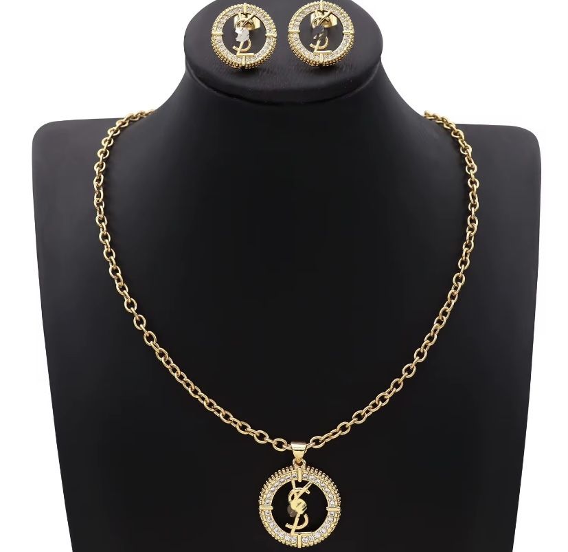 18K Zircon Gold Plated Concentric Circle Pendant Crystal Jewelry Set