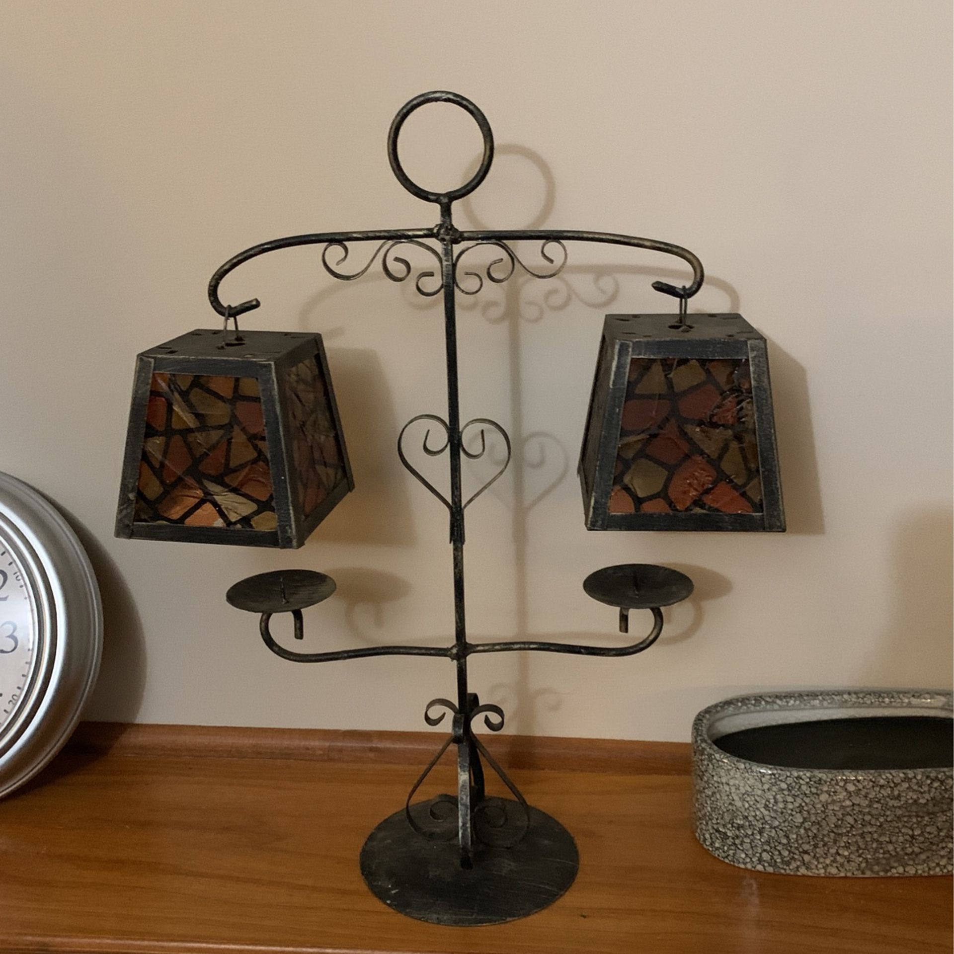 Wrought Iron, Stain Glass Shades Over Candle Holders