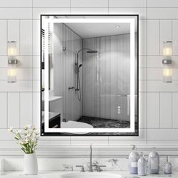 28 in. W x 36 in. H Rectangular Framed LED Anti-Fog Wall Bathroom Vanity Mirror, Tempered Glass, Backlit & Front Light $80