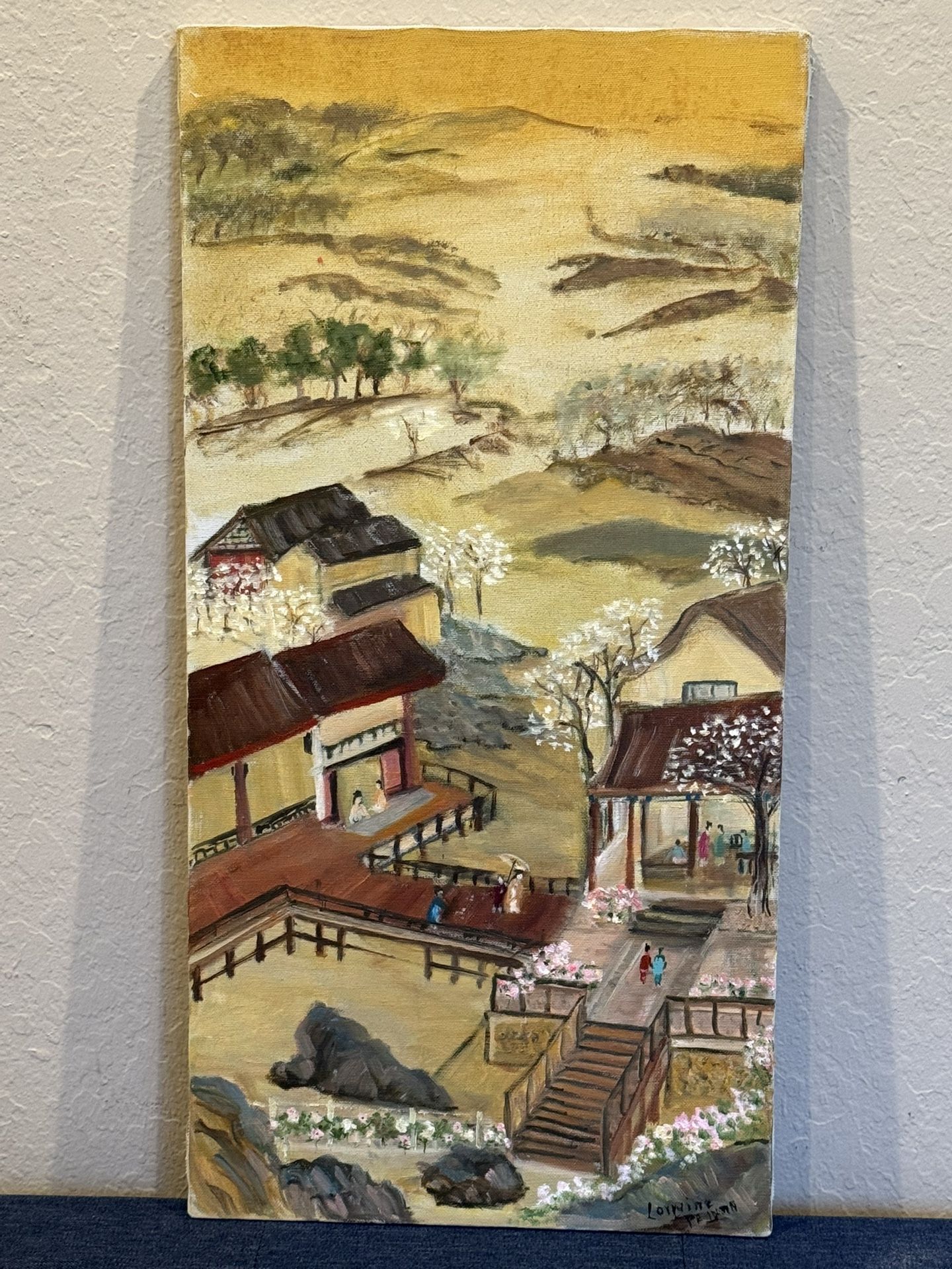 Beautiful Japanese Townscape Oil Painting by Listed Cal. Artist Lorraine Pelman