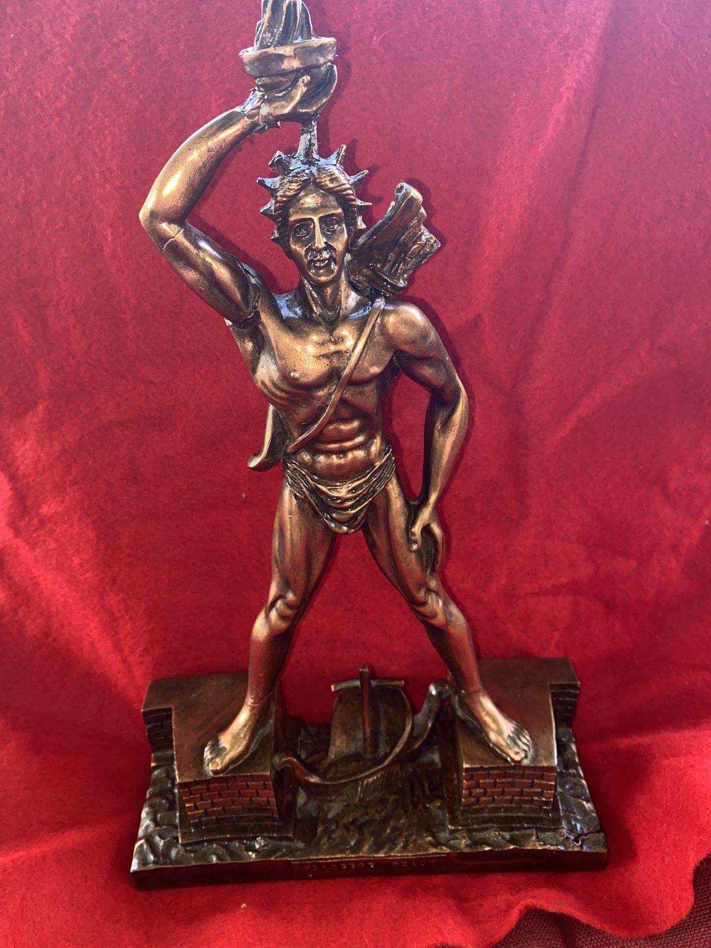 7 inch wide 12 inch tall Copper Plated Alabaster Greek Colossus Of Rhodes Statue Imported (2 available)