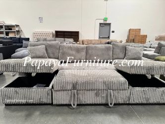 NEW Large U Shape Sectional Sofa with TWO STORAGE CHAISE Set Pullout Sleeper Bed Seccional Big Couch Pull out Ashley Style Designer Discount Furniture