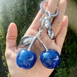 BLUE Glitter Cherry Bag Charm Keychain