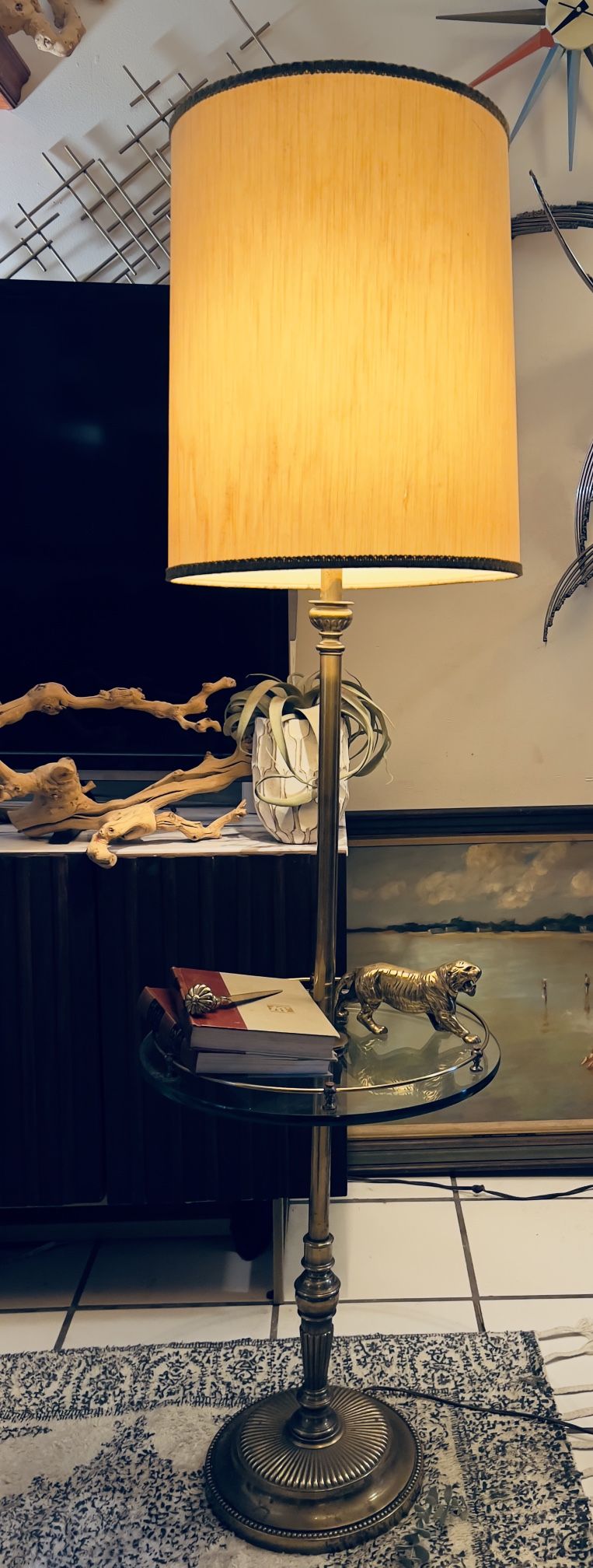 Rare Vintage Very Heavy Round Glass Table MCM Stifel Floor Lamp w/ Hexagonal Brass Base