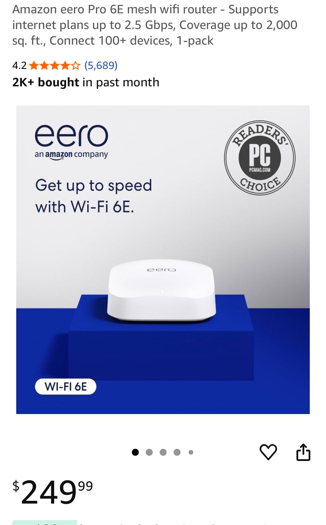 eero Pro 6E mesh wifi router - Supports internet plans up to 2.5 Gbps, Coverage up to 2,000 sq. ft., Connect 100+ devices, 1-pack