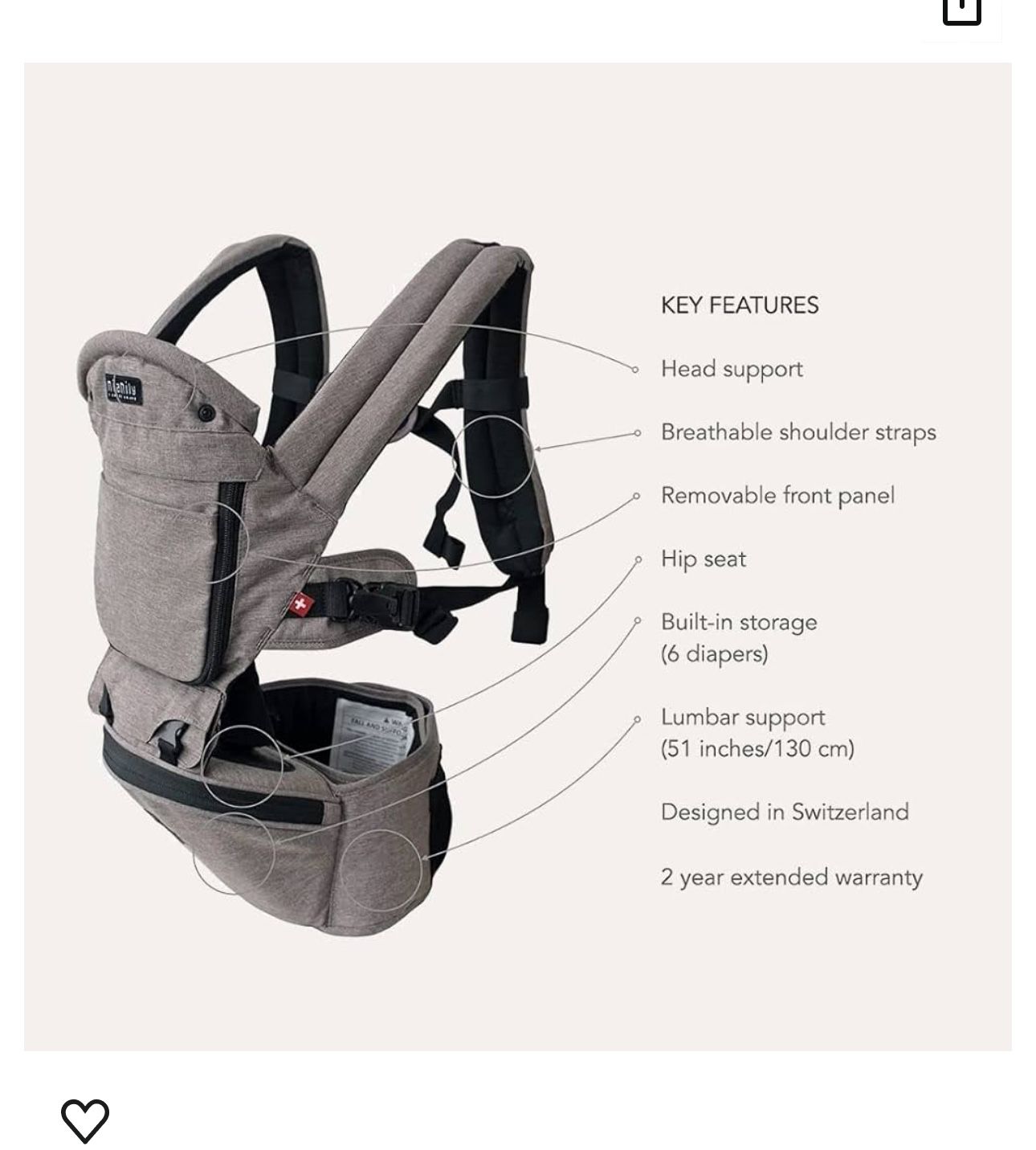 MiaMily Hip Seat Baby Carrier - 6 Carry Positions - Newborn to Toddler - Lumbar Support - Stone Grey