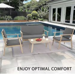 Outdoor Patio Furniture, 4 Piece Acacia Wood Sofa Set w/Coffee Table, Patio Table and Chairs Set for Deck, Balcony, Backyard (Light Natural)$170