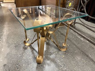 Square Hollywood Regency Style Scrolled Gold-Guilded Glass Top Side Table