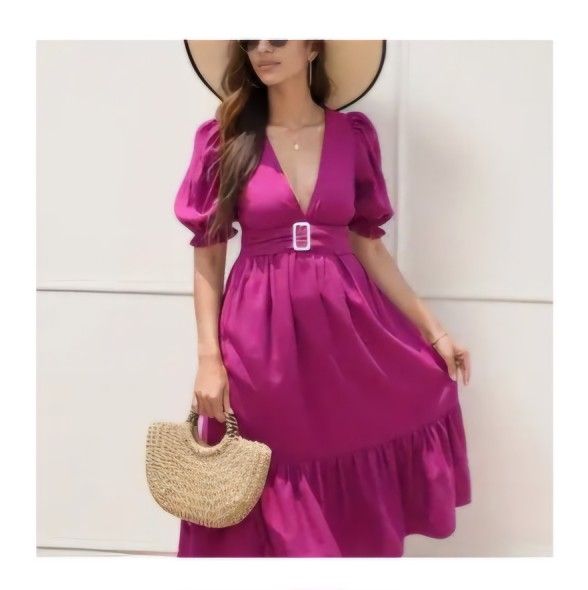 Retro V-neck Ruffle Dress, Puff Shoulder