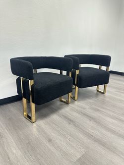 Pair of Black Boucle Accent Chairs with Gold Legs