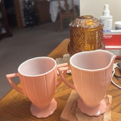 Hazel Atlas Newport Hairpin Vintage Pink Platonite Creamer & Sugar Set