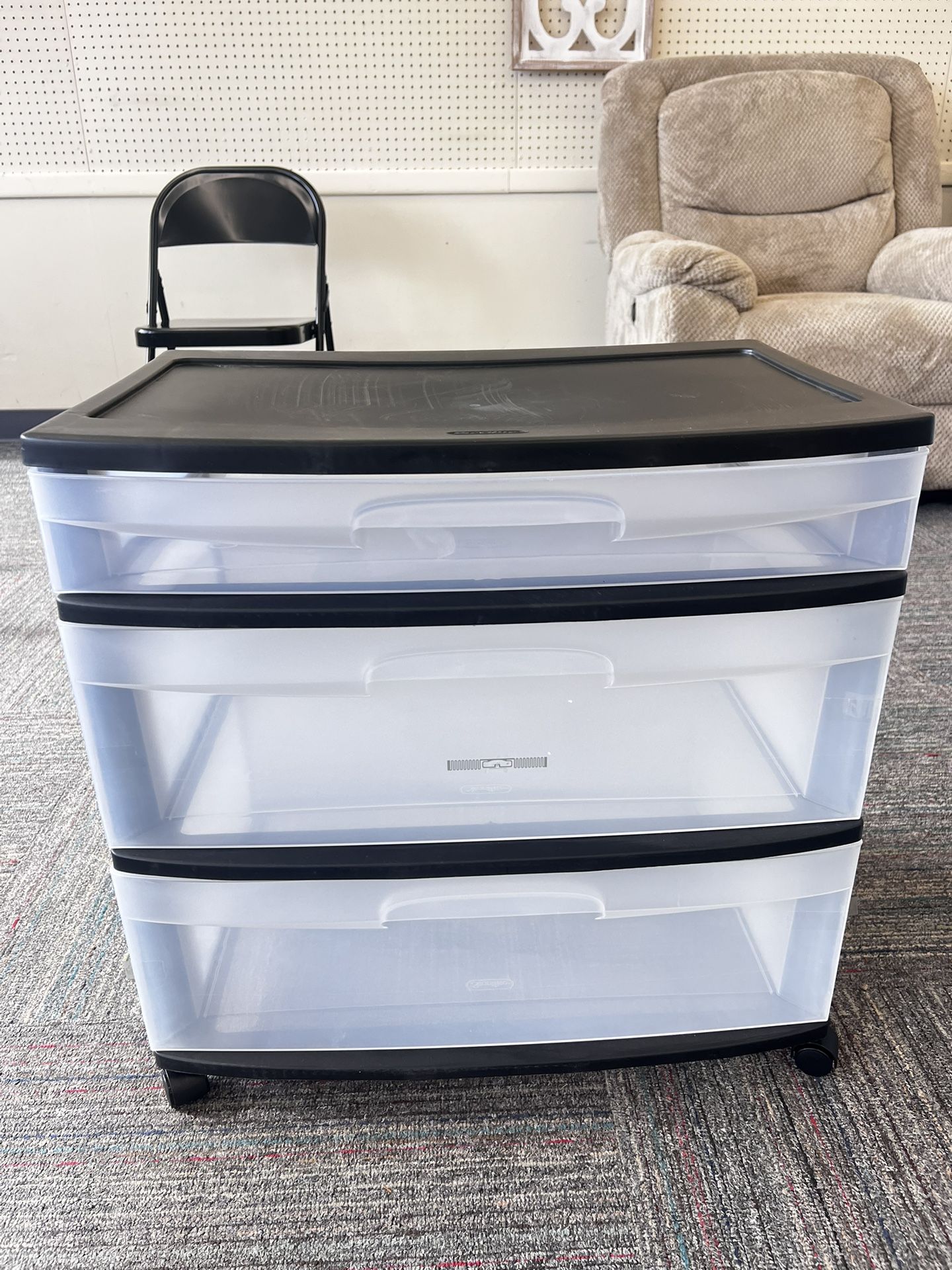 Wide 3 Drawer Cart, Clear Plastic Storage Drawers, Wheels Included, Black, New
