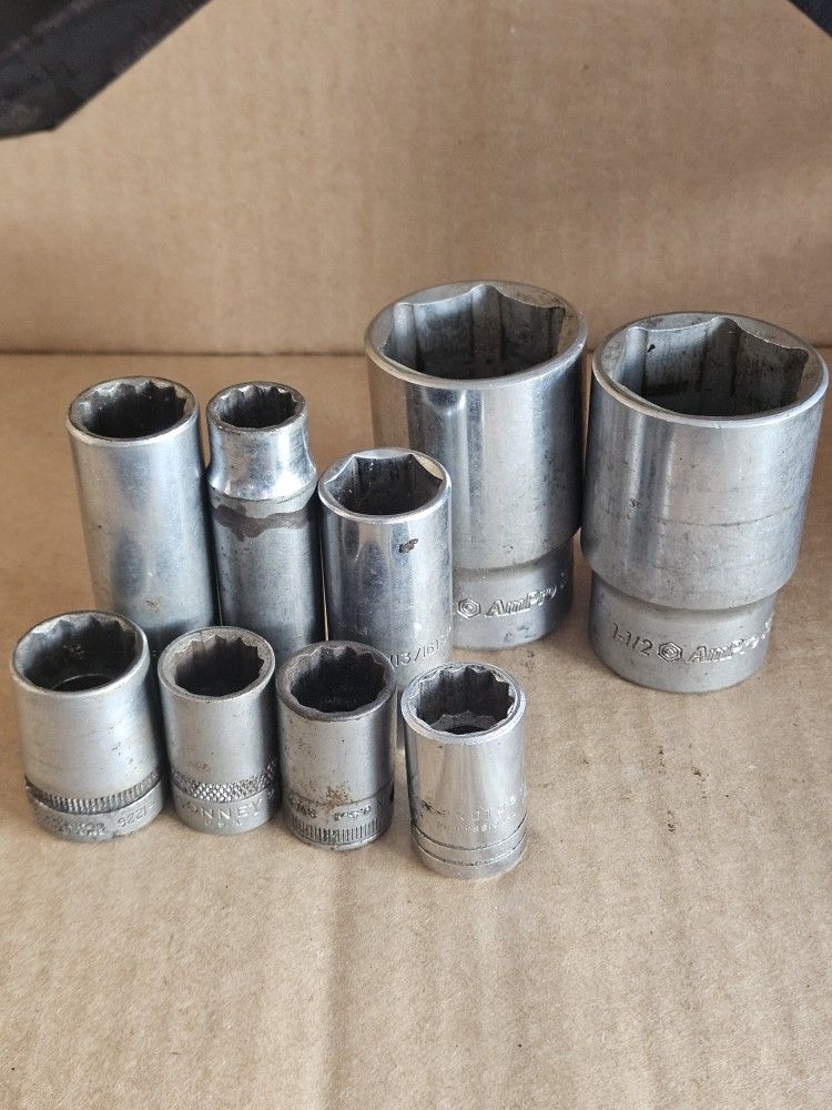 Mixed Lot of 9 Sockets – Snap-on, Proto, Bonney, AmPro, Industro (Vintage & Functional)