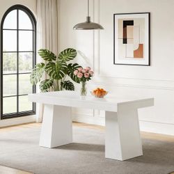 55" White Modern Dining Table, Mid-Century Wood Rectangular Dining Table with Double Trapezoid Base.