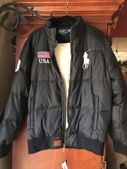 Ralph Lauren Polo USA Flag Quilted Feather Down Jacket Custom Fit Navy XXL