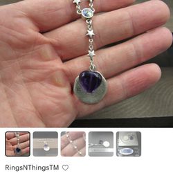 5" Sterling Silver Glass Purple Heart Charm Stars Small Bracelet Vintage