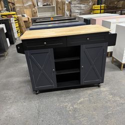 Kitchen Island On Wheels, Black Rolling Kitchen Island Cart with Drop Leaf Countertop, Barn Door Kitchen Islands Table with Storage Cabinet and Tower 