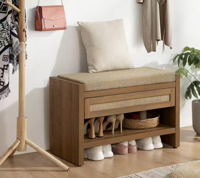 New in box SSEWA10004OA Rattan Shoe Bench Entryway Bench with Storage Drawer and Linen Seat Cushion, Farmhouse Boho Shoe Rack Bench with Shelf, Wooden