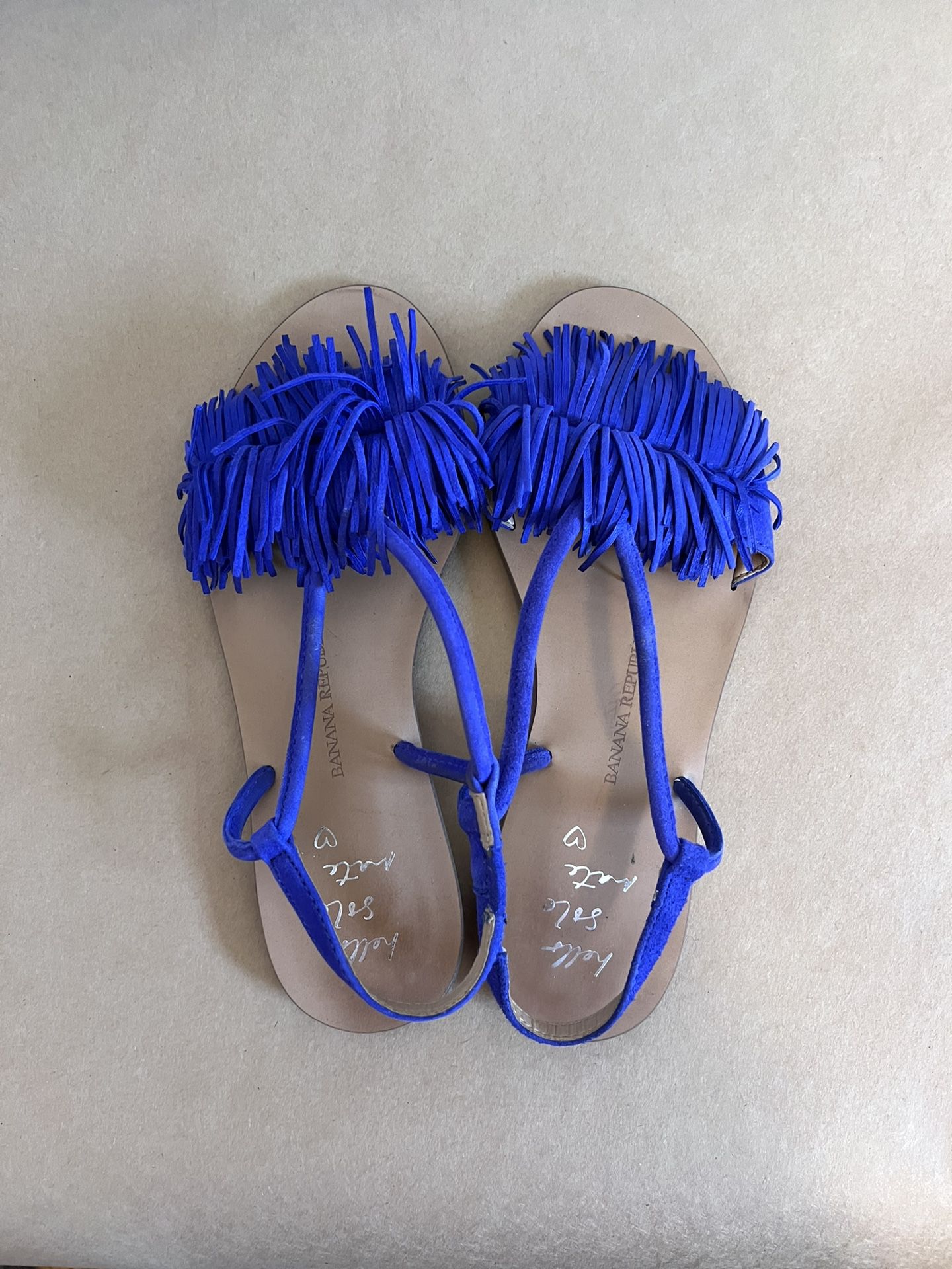 💕 Banana Republic genuine suede royal blue-purple fringe Pom Pom sandals, flats, 6 M 💕